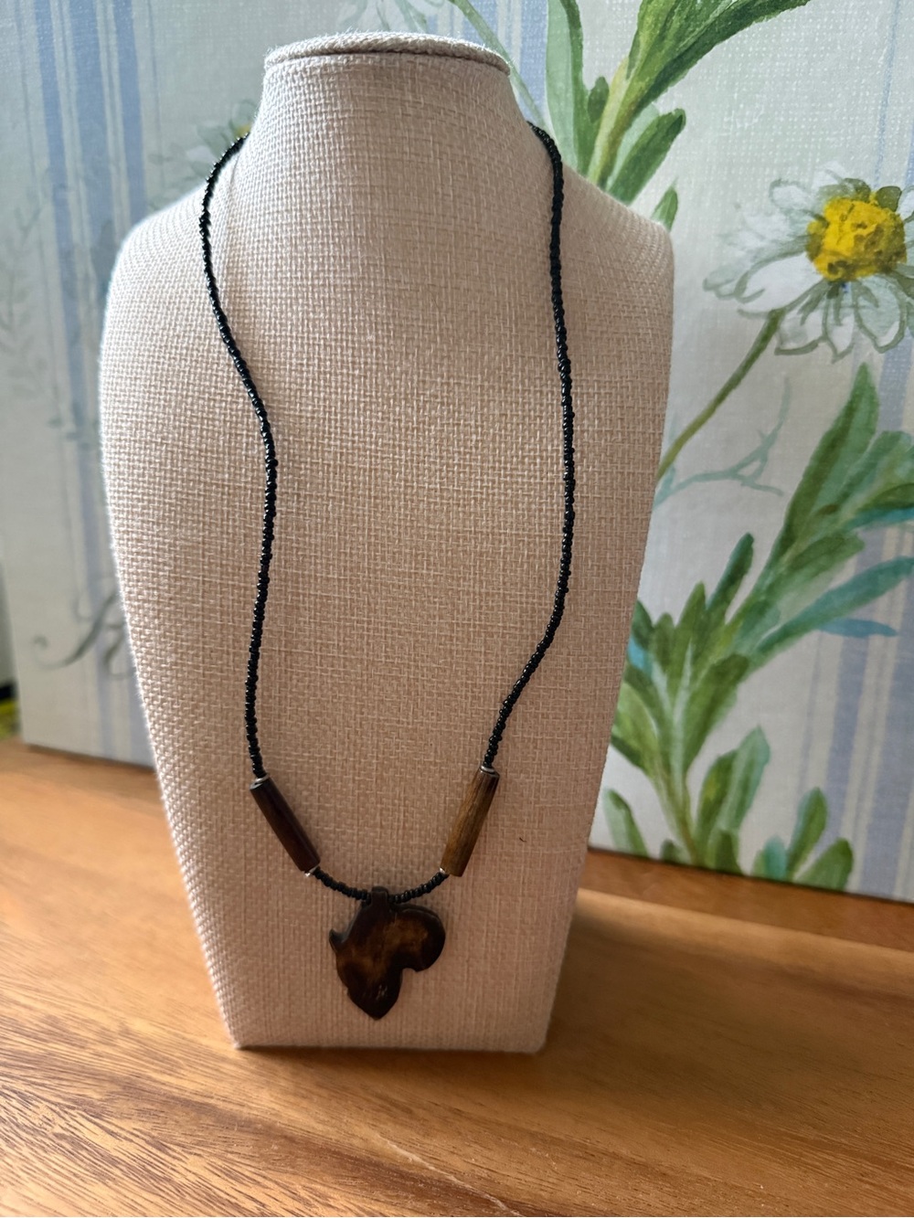 Carved Wooden Africa Map Pendant Seed Bead Strand, Barrel Clasp vintage necklace